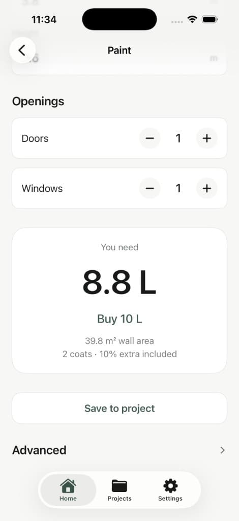 RoomFit paint calculator showing 8.8 litres needed and a 10 litre purchase