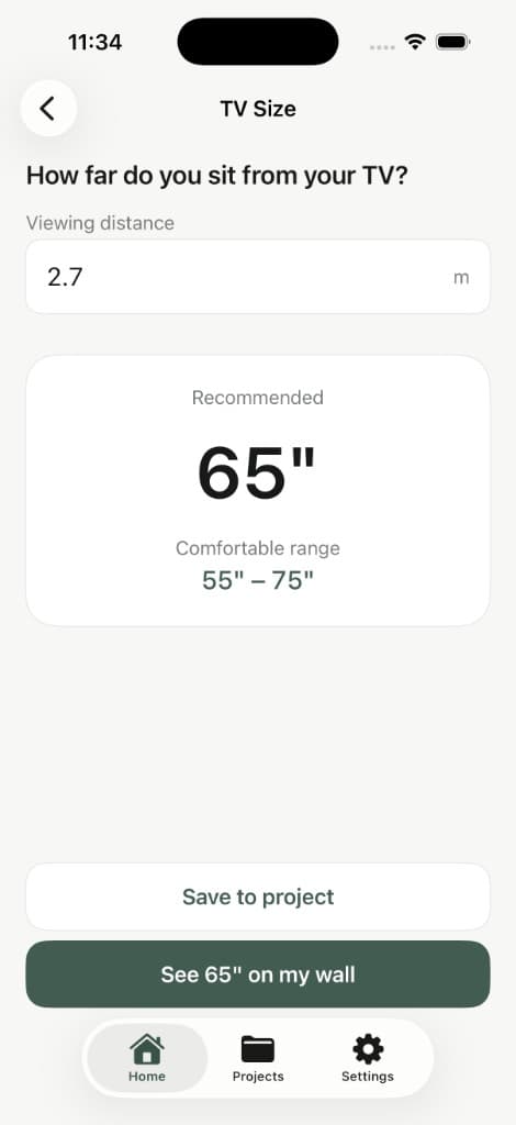 RoomFit TV size calculator recommending a 65-inch television for 2.7 metres