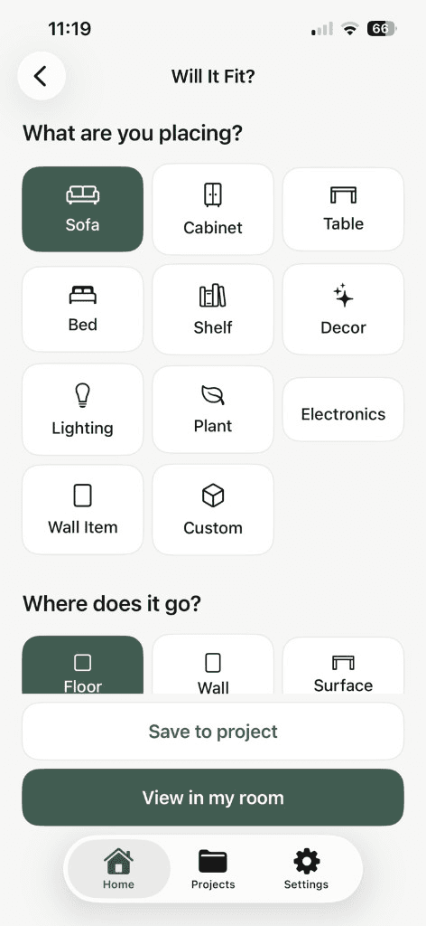 Will It Fit screen with Sofa and Floor selected