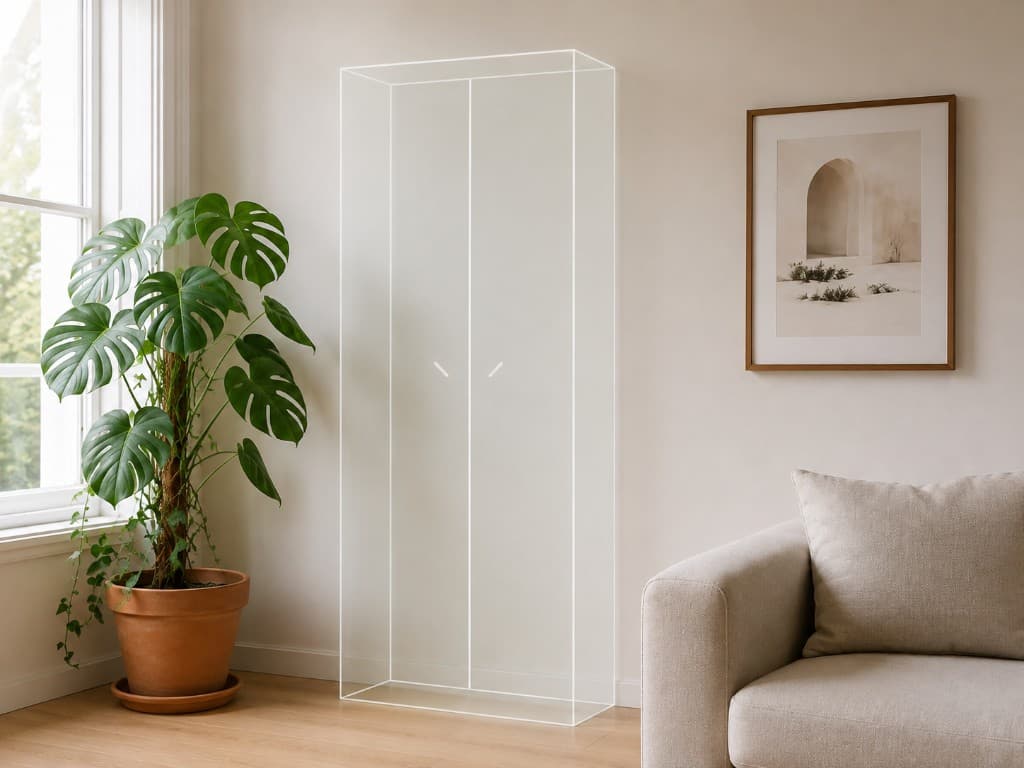 RoomFit AR preview of a cabinet placed at true size in a living room, labelled 80 × 180 × 40 cm