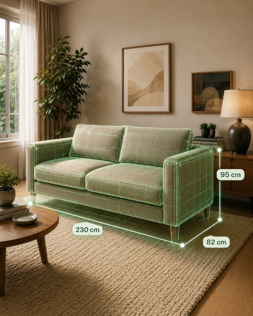 RoomFit AR preview of a sofa in a living room, with true-size dimensions marked at 230 × 95 × 82 cm