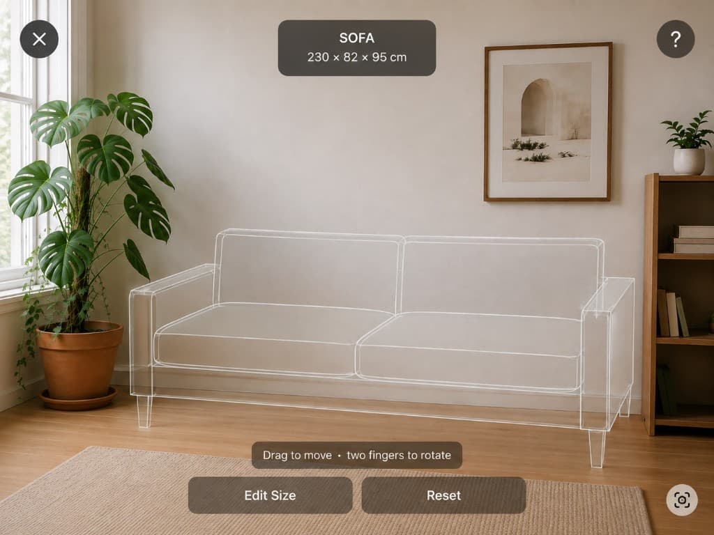 RoomFit AR preview of a true-to-size sofa placed in a living room