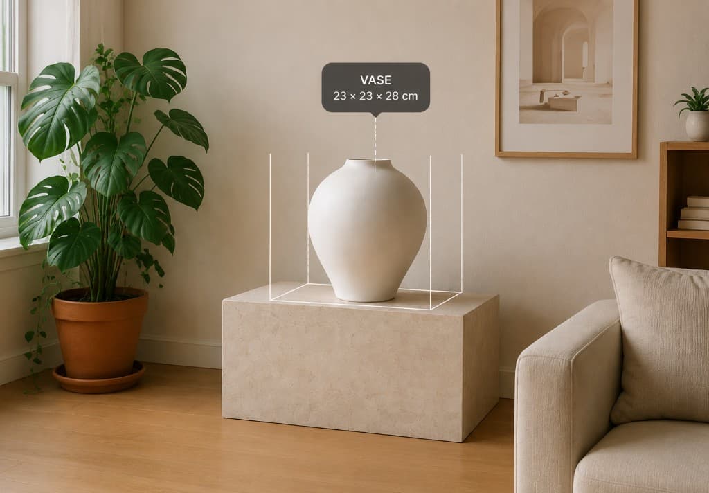 RoomFit AR preview of a vase at true size in a living room, labelled 23 × 23 × 28 cm